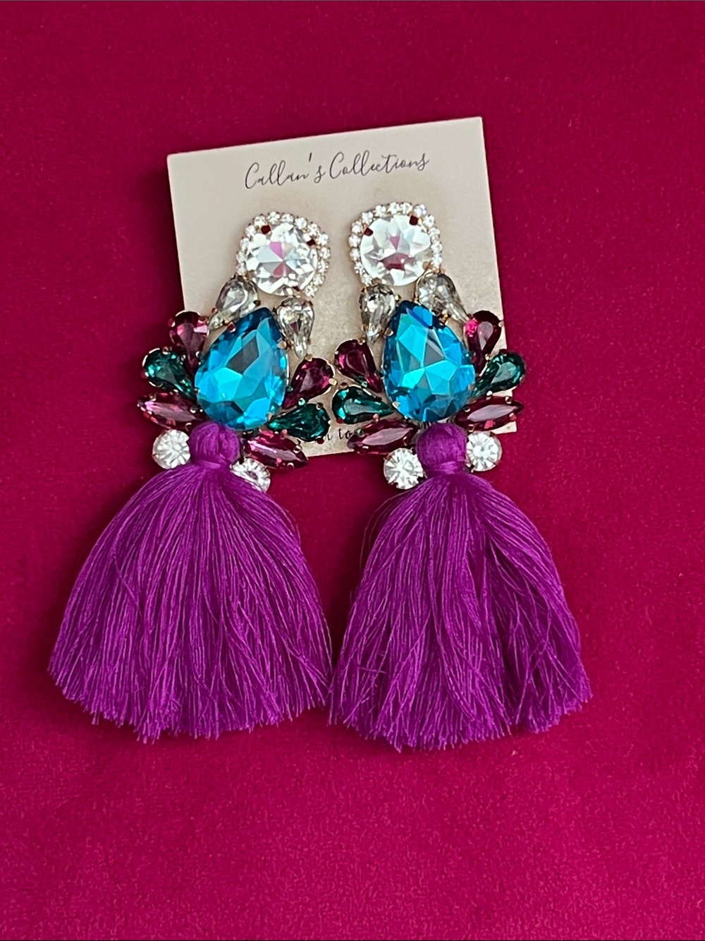 Purple Tassel Statement Earrings with Blue Gem